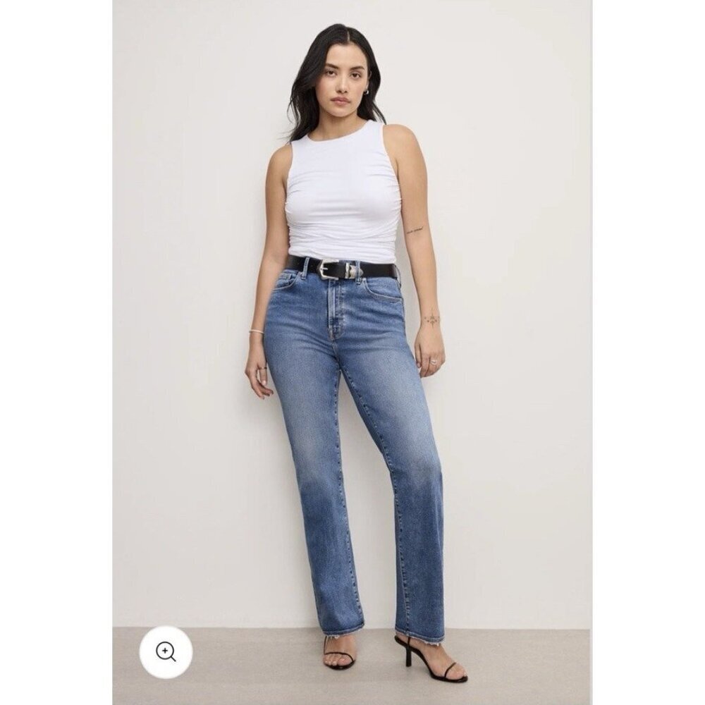 Good American Good Classic Skinnyish Fit Distress Indigo Hi-Rise Jeans Sz 14/32